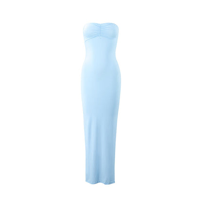Women lothing Summer Sexy Wrapped Chest Slim Side Slit Long Solid Color Dress by Ragazza