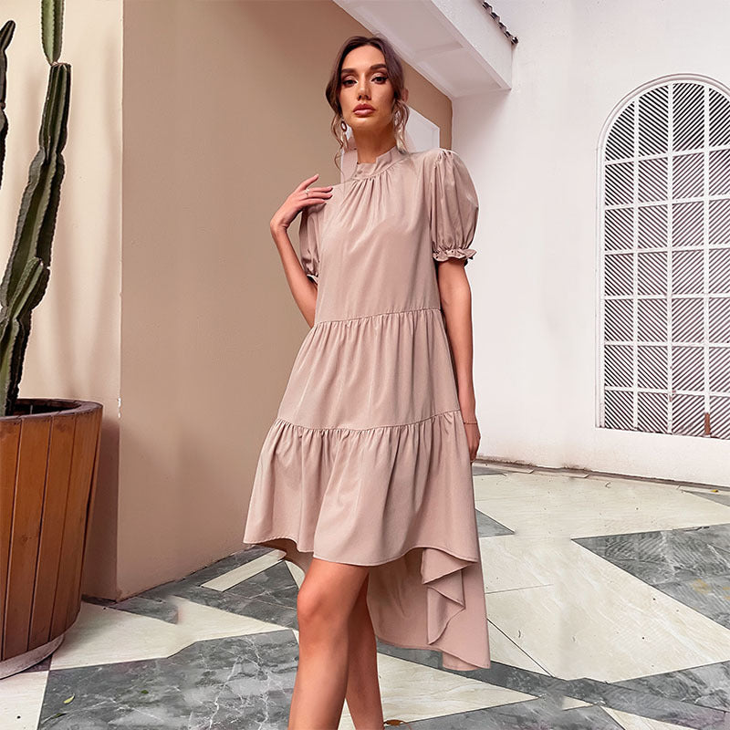 High Waist Solid Color Irregular Asymmetric Loose Pleated Dress Casual Babydoll Dress by Ragazza