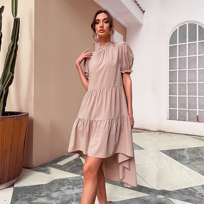 High Waist Solid Color Irregular Asymmetric Loose Pleated Dress Casual Babydoll Dress by Ragazza