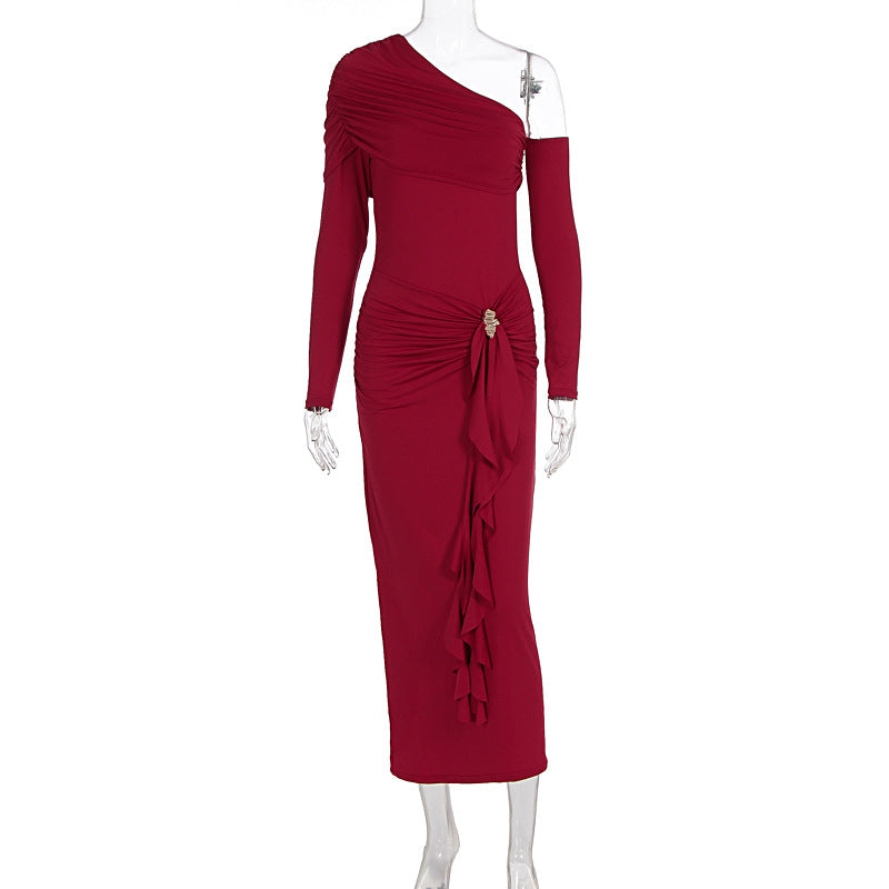 Autumn Elegant Women Single Shoulder Solid Color Long Sleeve Slim Fit Sexy Sheath Pleated Dress by Ragazza