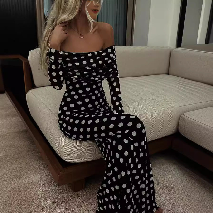 Spring Summer Gauze Polka Dot Stitching off Shoulder Sexy Slim Dress for Women by Ragazza