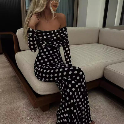 Spring Summer Gauze Polka Dot Stitching off Shoulder Sexy Slim Dress for Women by Ragazza