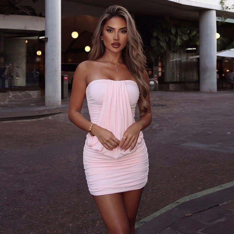 Women Clothing Summer Sexy Tube Top off Neck Fitted Waist Pleated Skinny Sheath Dress  DestGlow