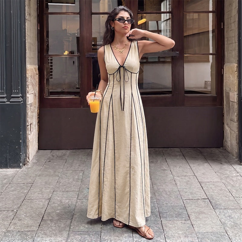 Summer Office Lace up Contrast Color V neck Sleeveless Dress Women  DestGlow