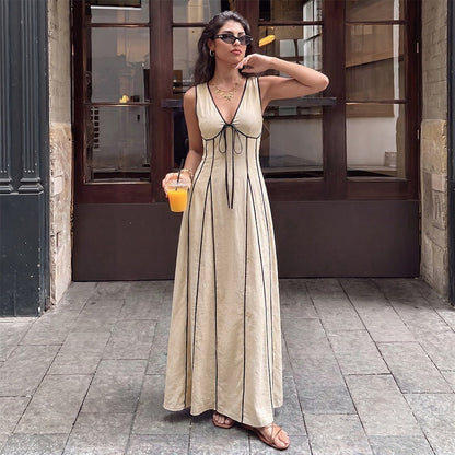 Summer Office Lace up Contrast Color V neck Sleeveless Dress Women  DestGlow