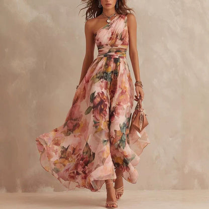 Fashionable Elegant Printed Dress Sexy One Shoulder Waist Tight Elegant Beach Dress  DestGlow