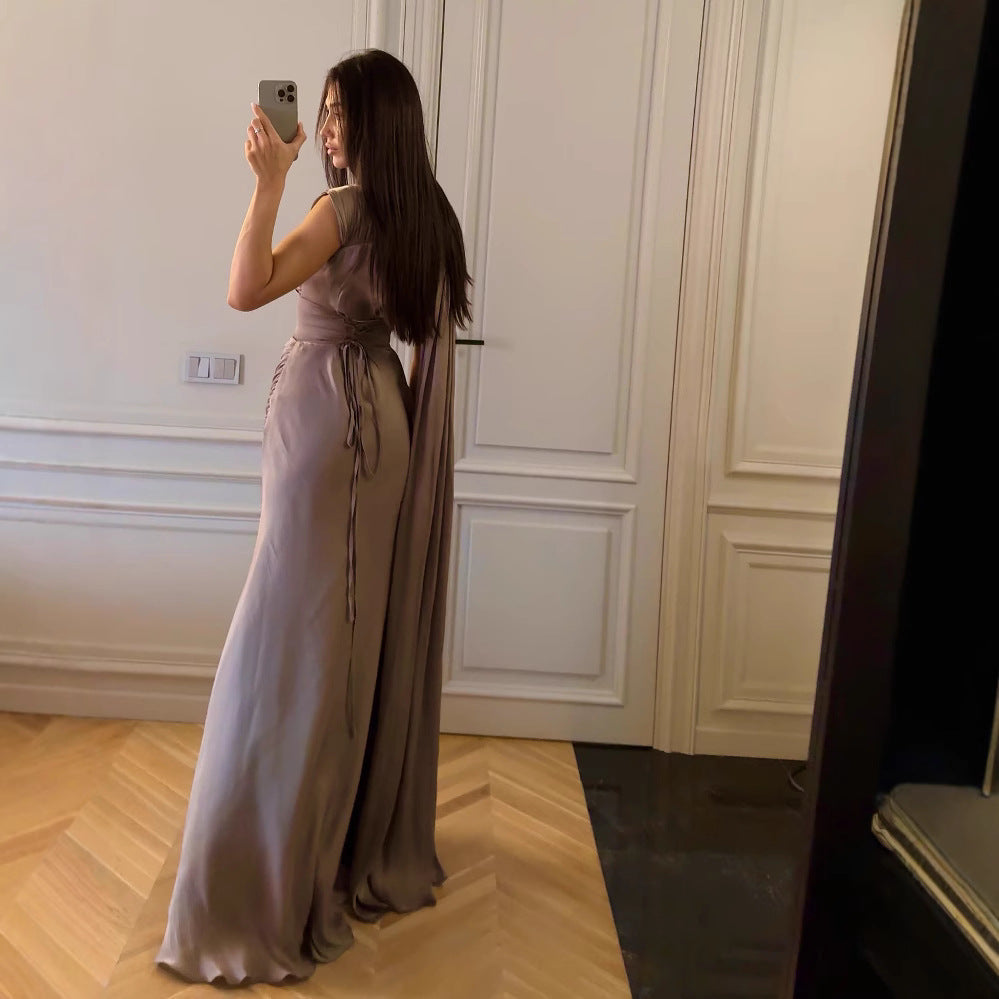 Spring Summer Women Clothing Pleated Ribbon Satin Evening Dress  DestGlow
