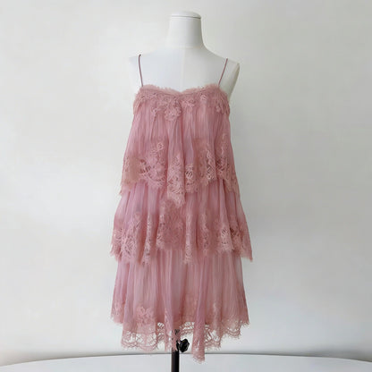 French Romantic Lace Suspender Layered Dress Vacation Lotus Leaf Women Summer Elegant Dress  DestGlow