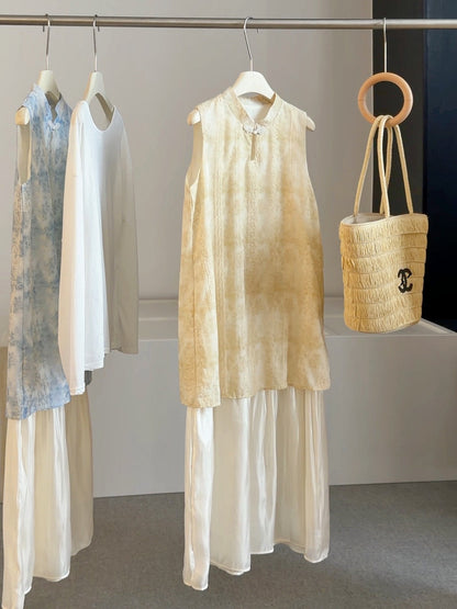 High Grade Buckle Jacquard Stand Collar Sleeveless Dress Women Summer Faux Two Pieces Patchwork Dress  DestGlow