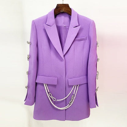 Dyed Fabric Dignified Sense of Design Sleeve Hollow Out Cutout Jeweled Bow Pearl Blazer Dress by Ragazza