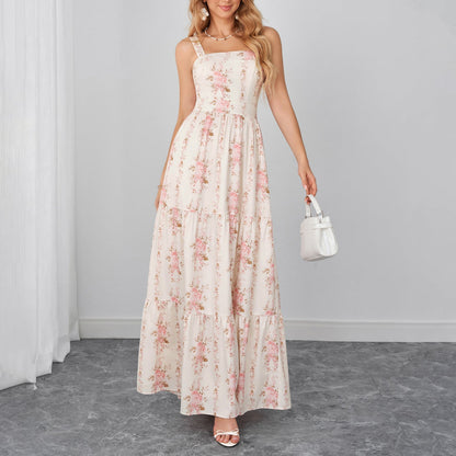 Summer Four Sided Stretch Printing Slip Dress Sexy Backless Bow Strap Dress  DestGlow