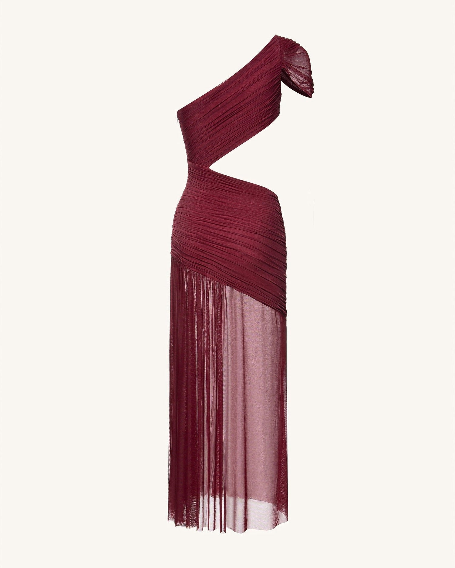 Shoulder Sleeve Pleating Cropped Outfit Mesh Stitching Solid Color Long Sheath Dress by Ragazza