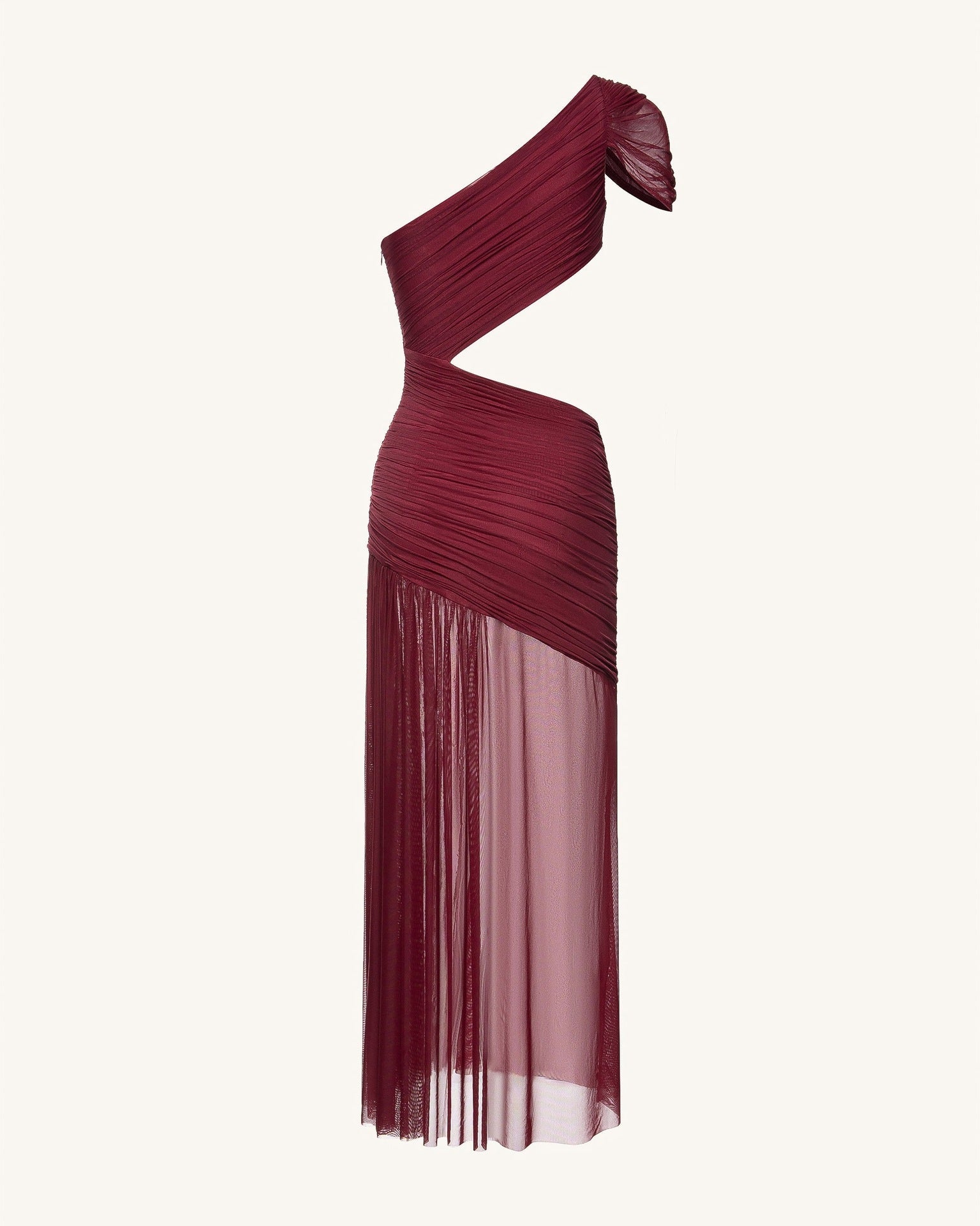 Shoulder Sleeve Pleating Cropped Outfit Mesh Stitching Solid Color Long Sheath Dress by Ragazza