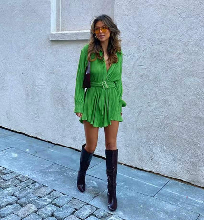 Spring Summer Popular Fashionable Pleated Long Sleeved Shirt Belt Dress by Ragazza