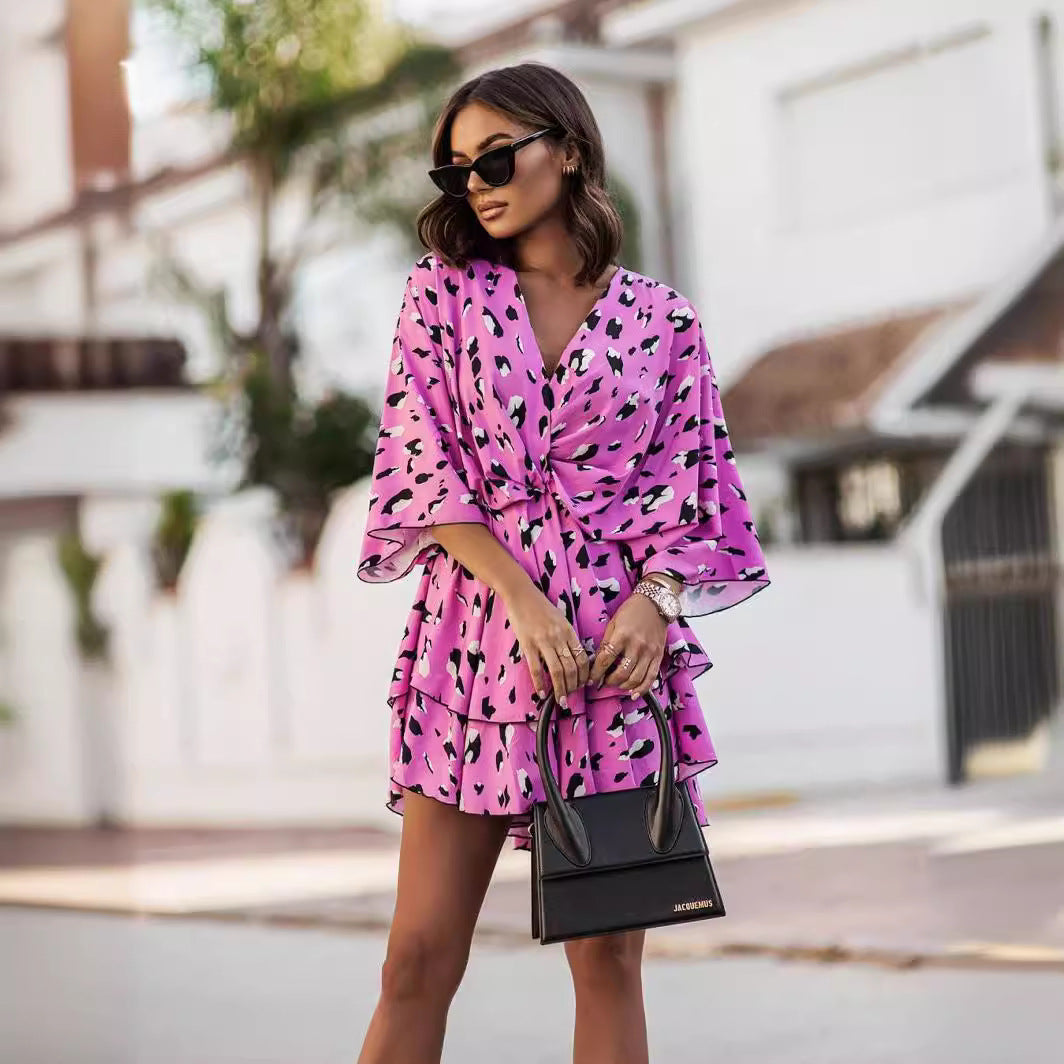 Women Clothing V neck Printed Waist Controlled Batwing Sleeve Half-Length Sleeve Dress by Ragazza