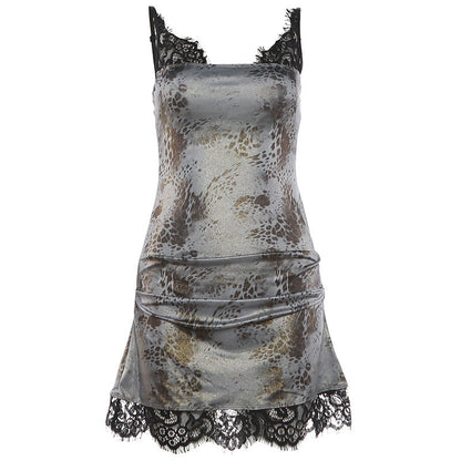 Spring Summer Women Sexy Spaghetti Strap Floral Print Contrast Color Lace Slim Fit Dress For Women  DestGlow