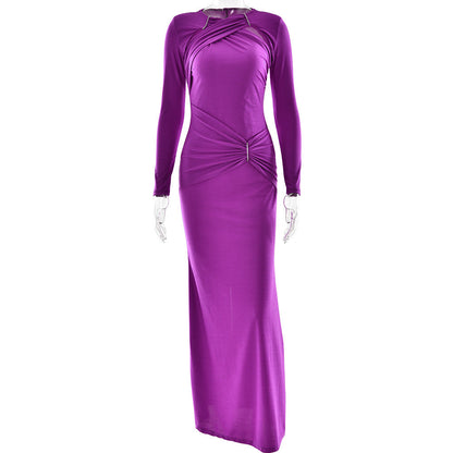 Dress Women round Neck Long Sleeve Sexy Slim Pleated Maxi Dress Elegant Dress by Ragazza