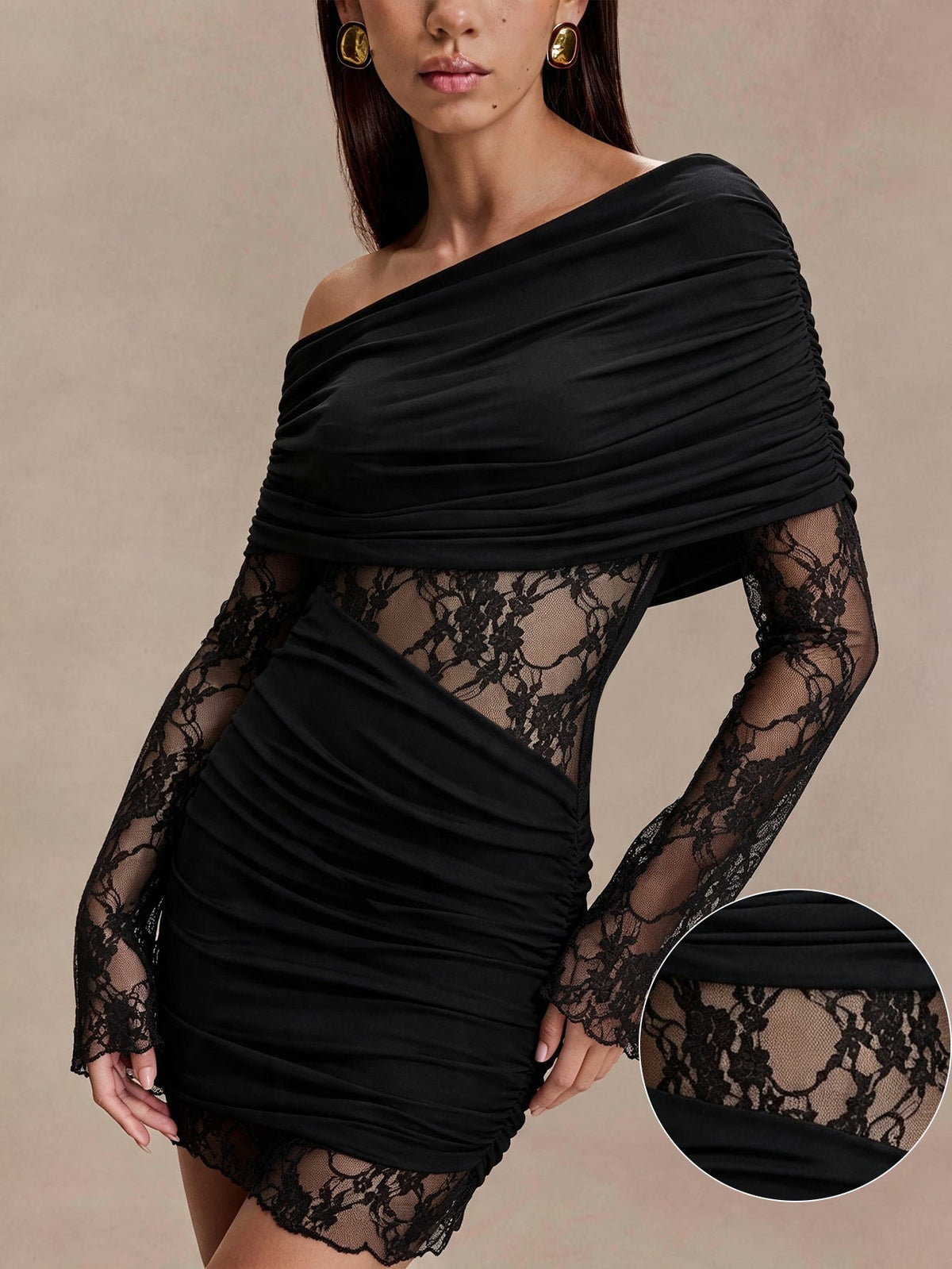 Sexy Shoulder Long Sleeve Dress Women Lace Patchwork Waist Slimming Slimming Hip Dress  DestGlow