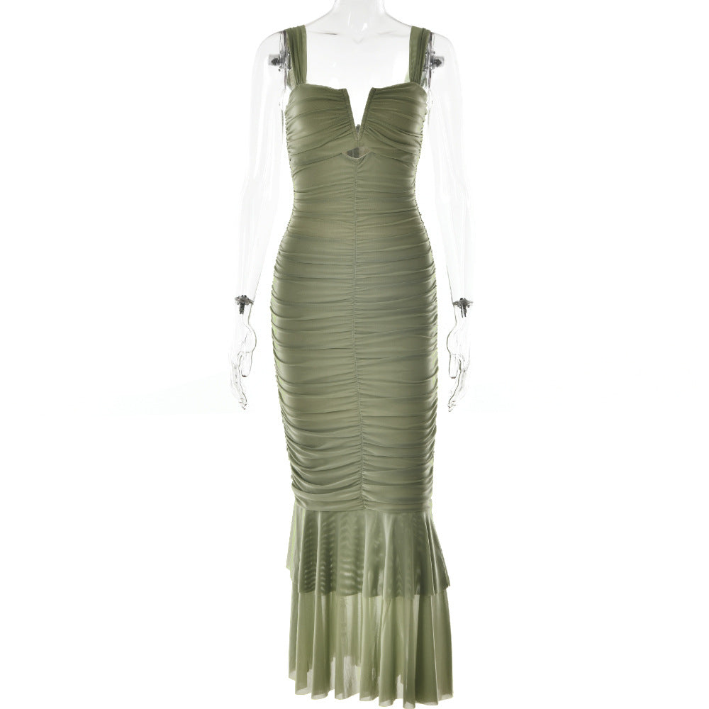 Spring Summer Suspender Stitching Dress Fashionable Sexy Tight Pleated Fishtail Dress by Ragazza
