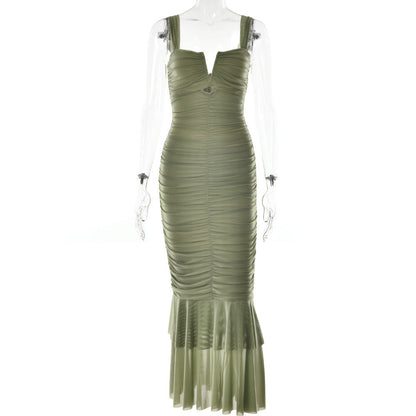 Spring Summer Suspender Stitching Dress Fashionable Sexy Tight Pleated Fishtail Dress by Ragazza