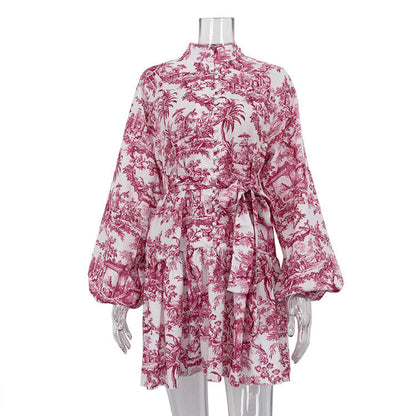 Early Spring National Ink Printing Short Dress Puff Sleeve Stand Up Collar Tie Retro A Line Dress by Ragazza