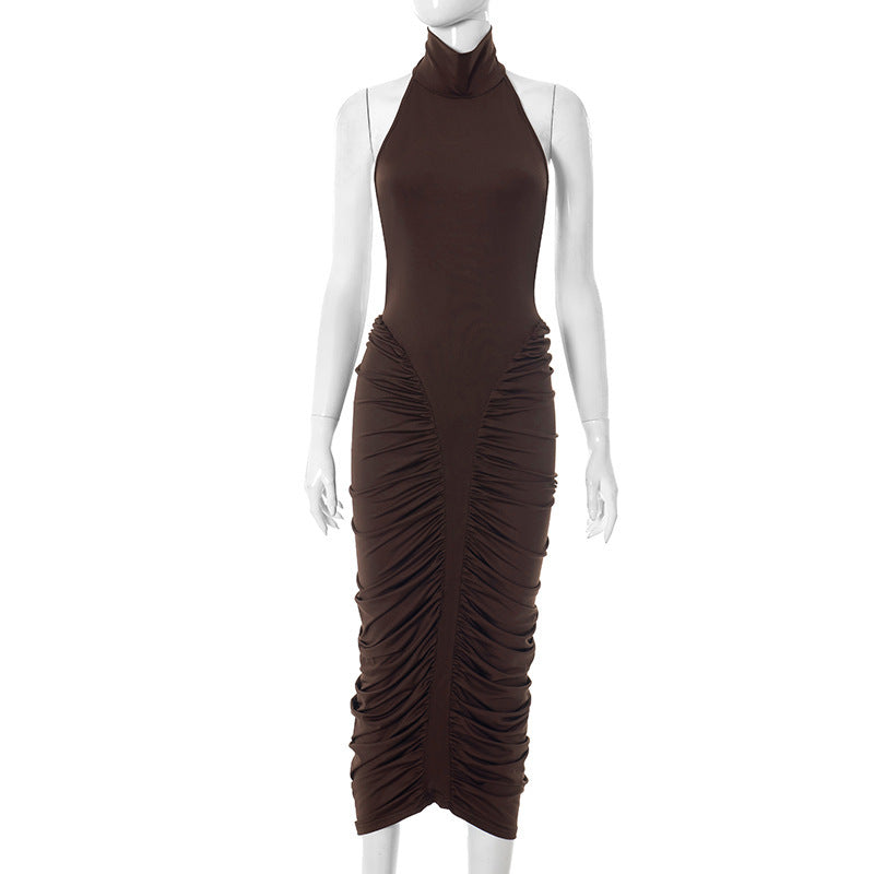 Women Clothing Summer Halter High Collar Pleated Hip Dress Women by Ragazza