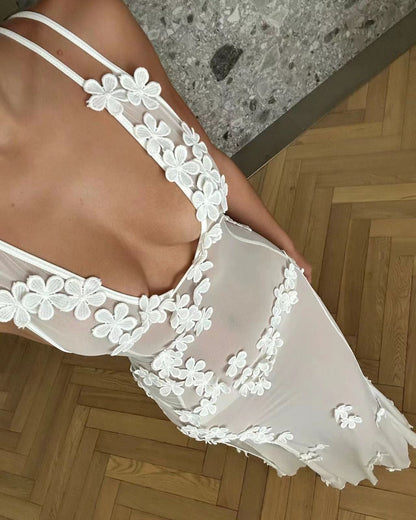 Women V neck Lace Stitching Sleeveless Waist Hollow Out Cutout Lace Dress by Ragazza