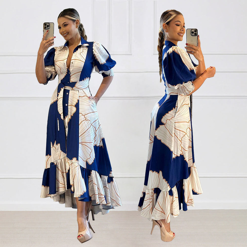 Irregular Asymmetric High Waist Elegant Shirt Cardigan Printed Dress Dress by Ragazza