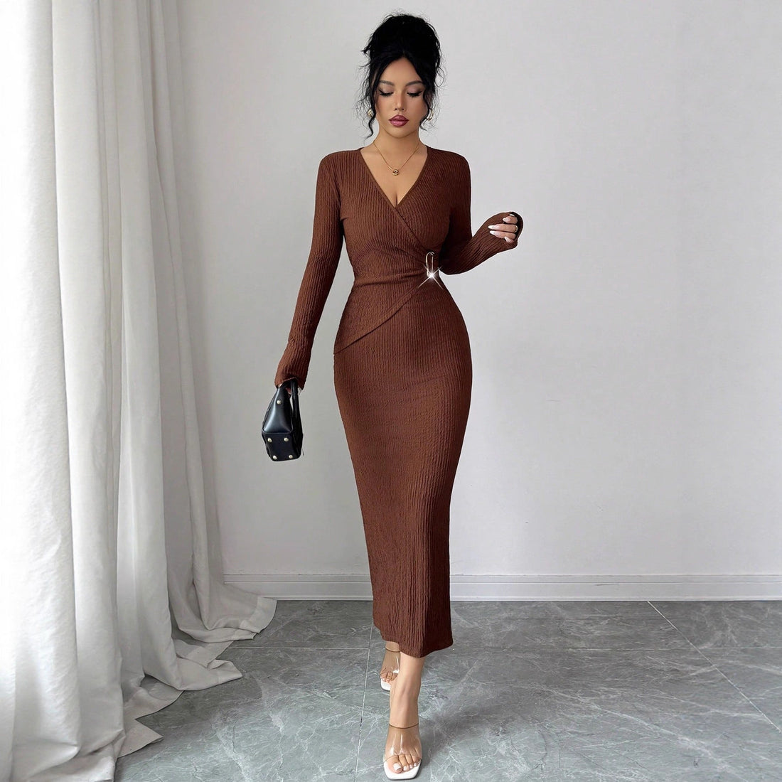 Cross Collar Knitted Texture Solid Color Slim Slimming Dress Women Winter by Ragazza
