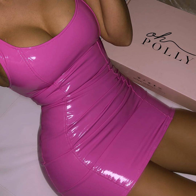 Metallic Coated Fabric Faux Leather Solid Color Sling Dress Women Tight Leather Sexy Sleeveless Leather Sexy Hip by Ragazza