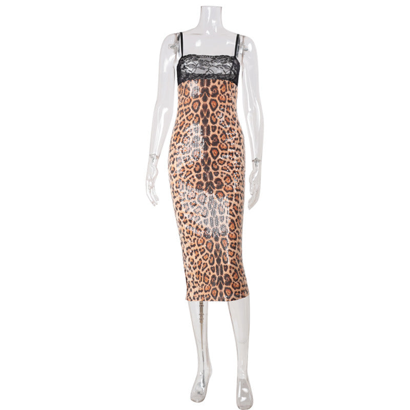 Lace Stitching Tube Top Sling Leopard Sequined Party Dress Maxi Dress by Ragazza