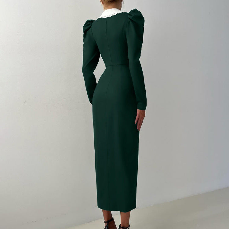 Spring Color Contrast Cardigan Sheath Dress Women Doll Collar Long Sleeve High Waist French Dress by Ragazza