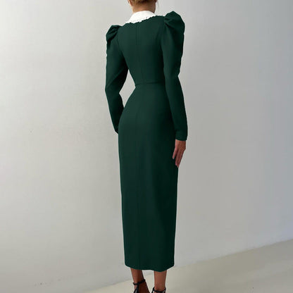 Spring Color Contrast Cardigan Sheath Dress Women Doll Collar Long Sleeve High Waist French Dress by Ragazza