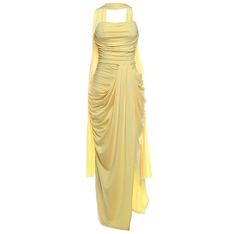 Spring Women Clothing Graceful Fashionable Slim Fit Scarf Tube Top Sexy Slit Formal Dress by Ragazza