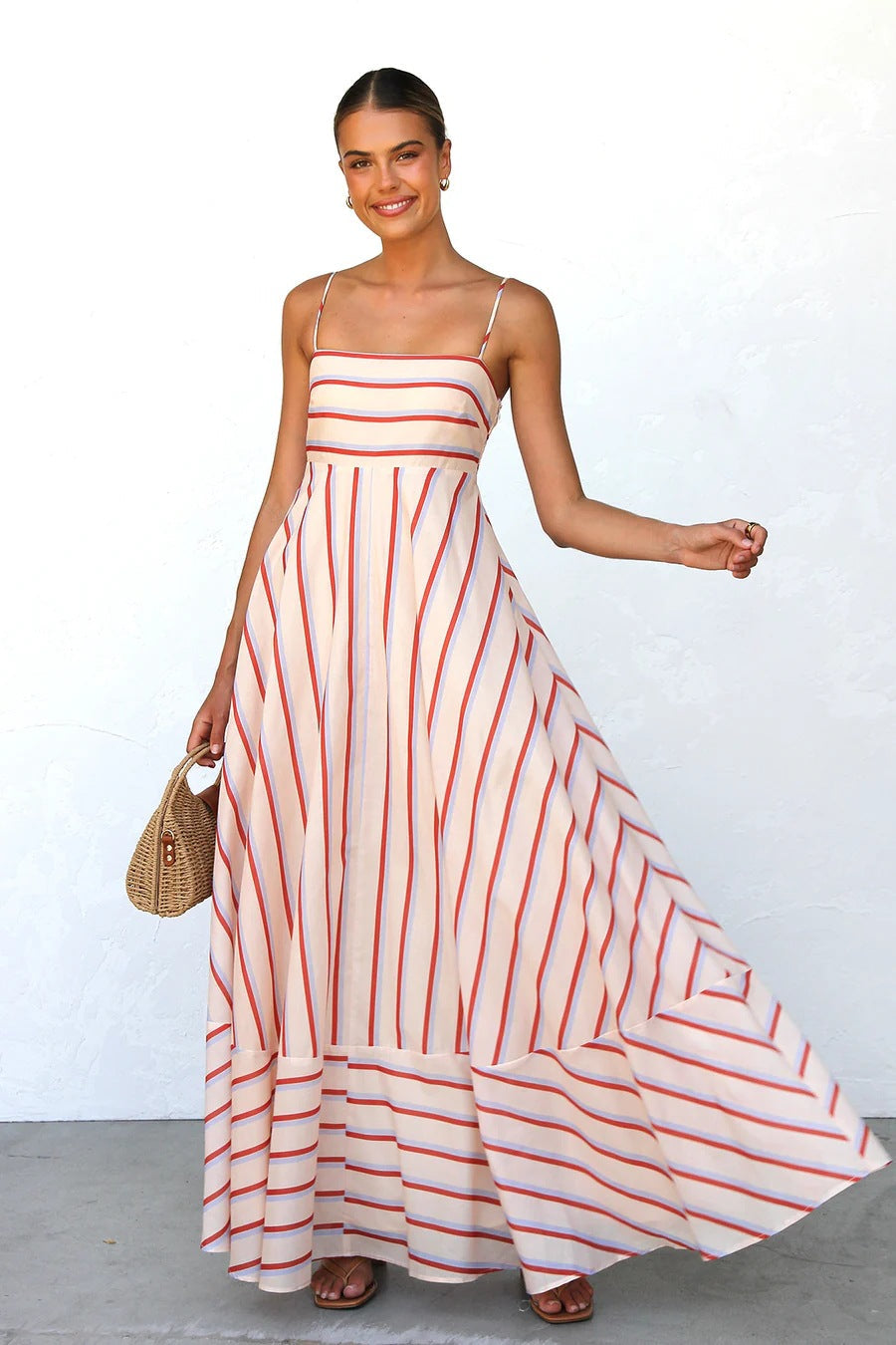 Summer Cami Dress Striped Print High Waist Big Swing Vacation Women Dress by Ragazza