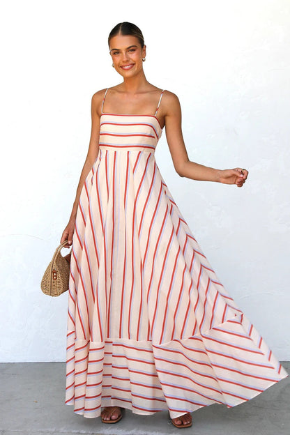 Summer Cami Dress Striped Print High Waist Big Swing Vacation Women Dress by Ragazza