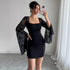 Autumn Bell Sleeve Split Solid Color Lace Stitching Square Collar Hip Bag Dress by Ragazza