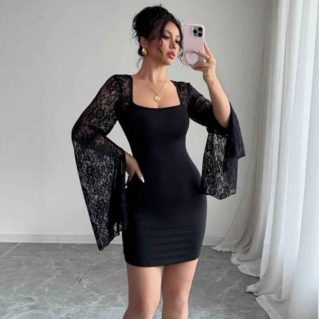 Autumn Bell Sleeve Split Solid Color Lace Stitching Square Collar Hip Bag Dress by Ragazza