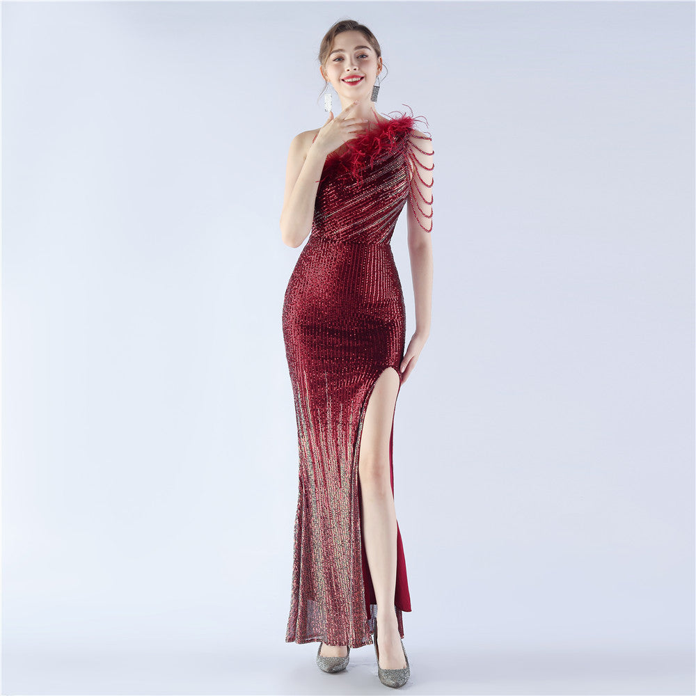 Gradient Sequin Craft Beaded Ostrich Feather Diagonal Collar One Shoulder Long Evening Dress by Ragazza