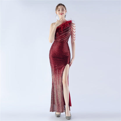 Gradient Sequin Craft Beaded Ostrich Feather Diagonal Collar One Shoulder Long Evening Dress by Ragazza