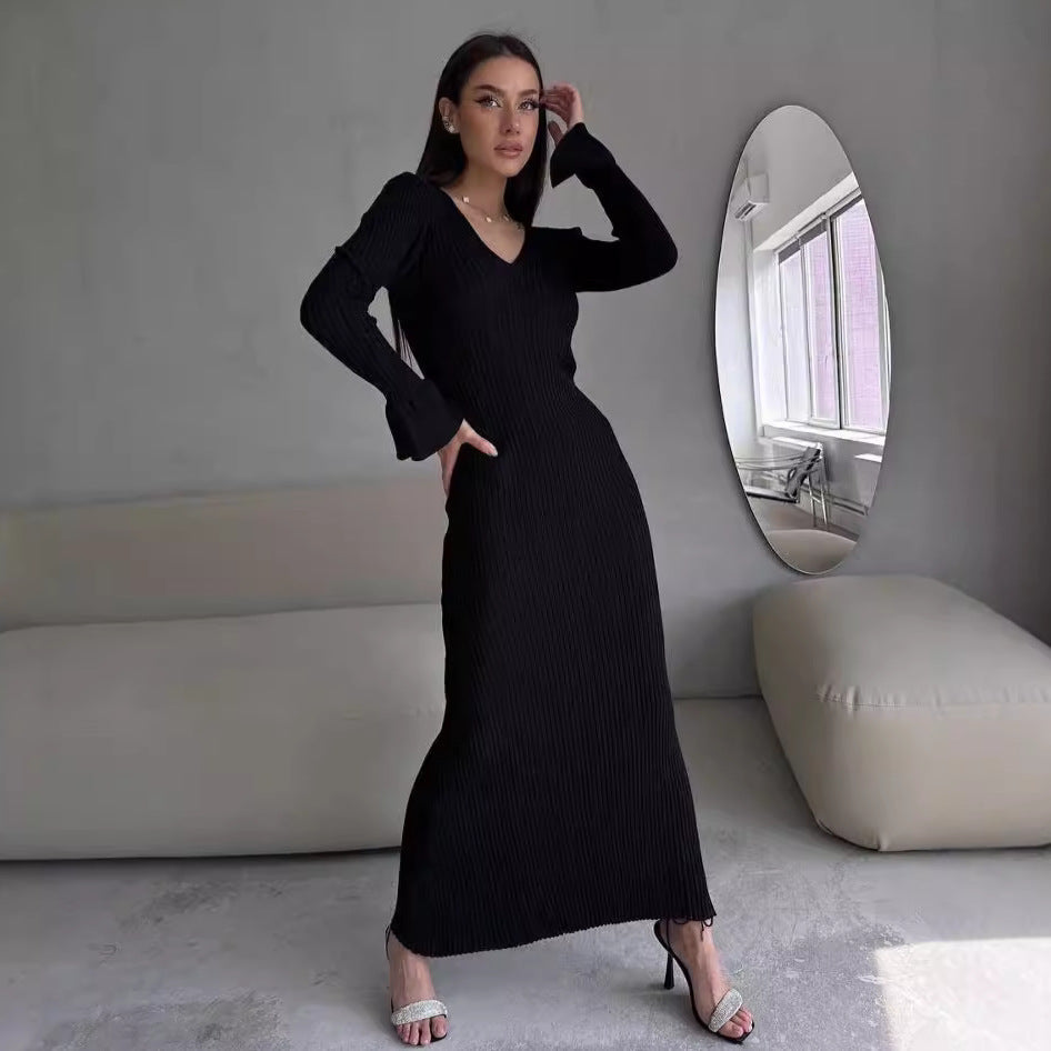 Long Sleeve V neck Tight Knitted Dress Solid Color Rib Fabric Wool Long Autumn Winter Dress by Ragazza