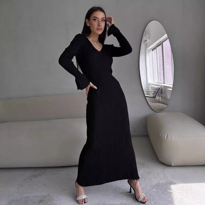 Long Sleeve V neck Tight Knitted Dress Solid Color Rib Fabric Wool Long Autumn Winter Dress by Ragazza