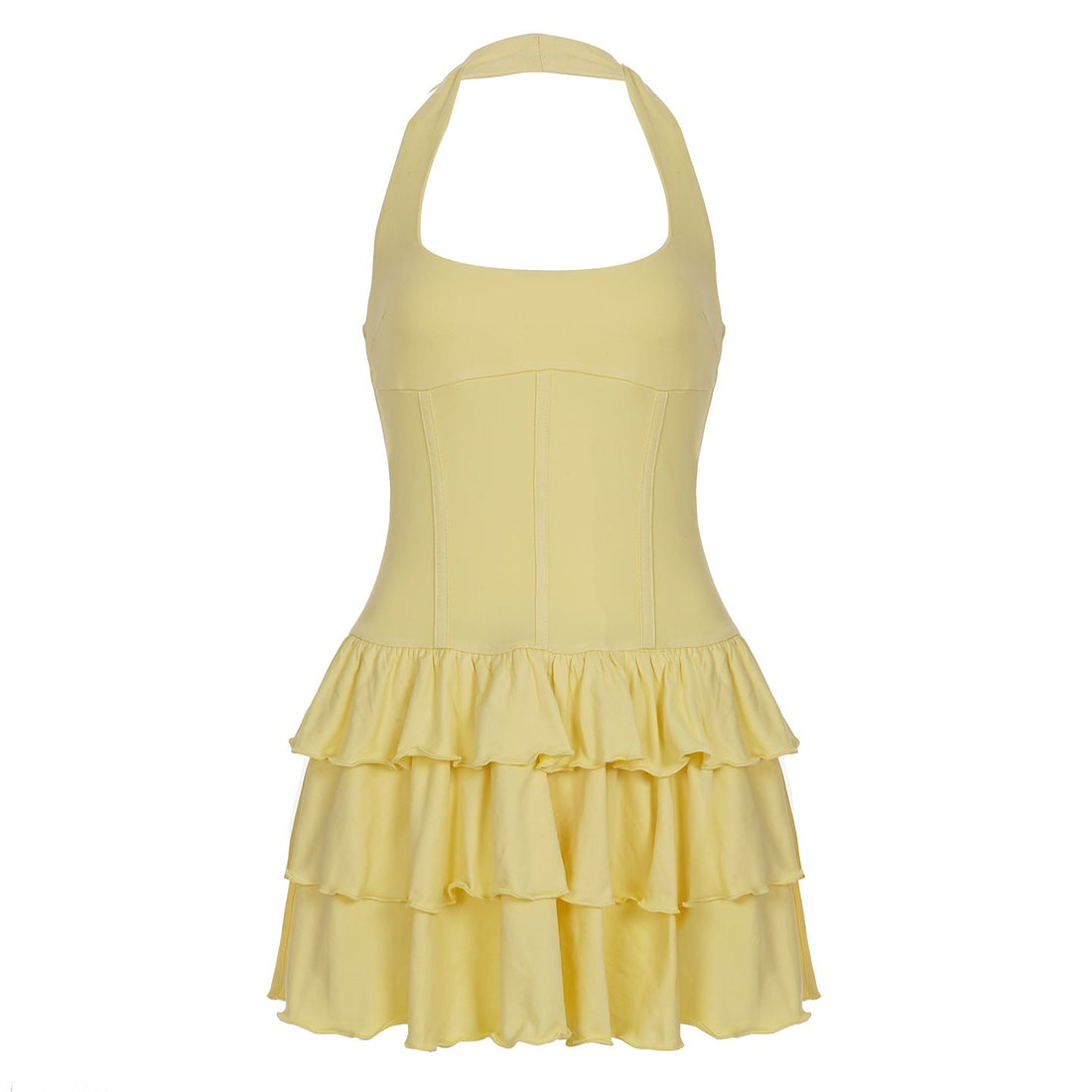 Built Basic Solid Color U Collar Halter Pleated Tiered Skirt Sexy Backless Dress Short Dress by Ragazza