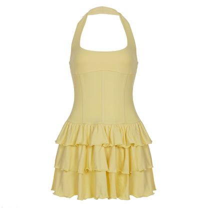 Built Basic Solid Color U Collar Halter Pleated Tiered Skirt Sexy Backless Dress Short Dress by Ragazza