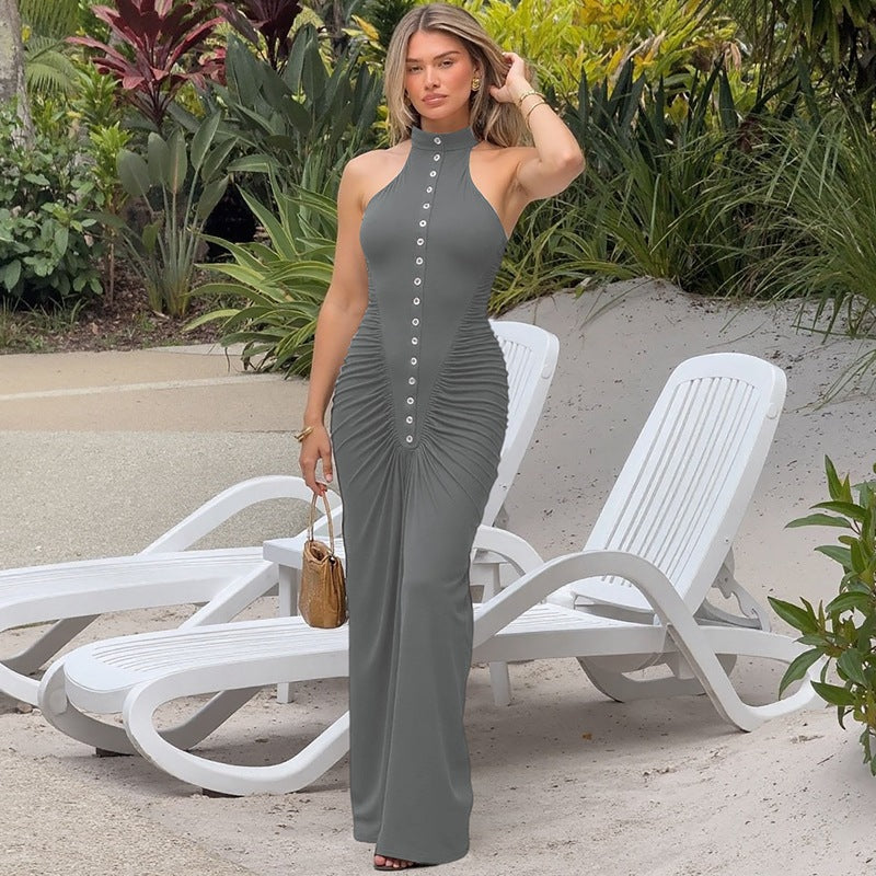 French Women Autumn Slim Fit Crumpled Button round Neck Sleeveless Dress for Women by Ragazza