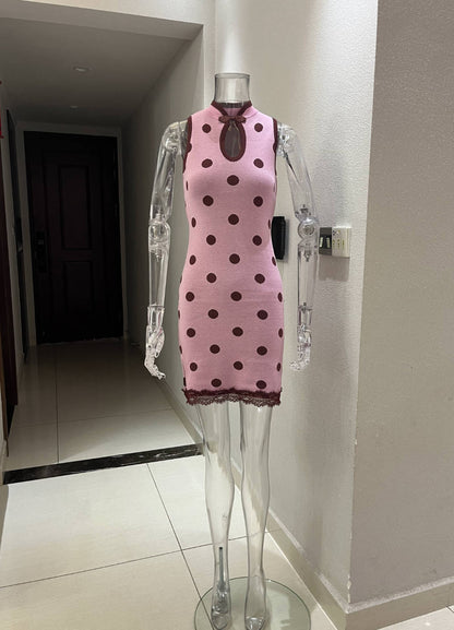 Summer Mid Polka Dot Contrast Color Lace Stitching Dress Stand Collar Sleeveless Sexy Casual Shaped Short Dress Women  DestGlow