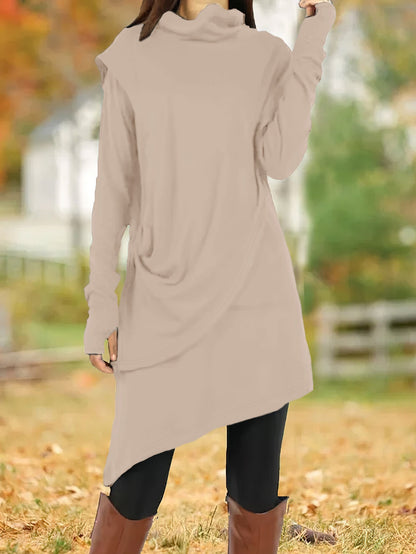 Autumn Winter Black High Collar Irregular Asymmetric Faux Two Piece Long-Sleeved Dress Women by Ragazza