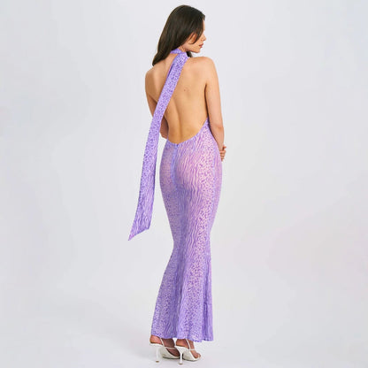 Lace up Bare Back Sexy Halter High Waist See through Mesh Slim Fit Oblique Shoulder Dress by Ragazza