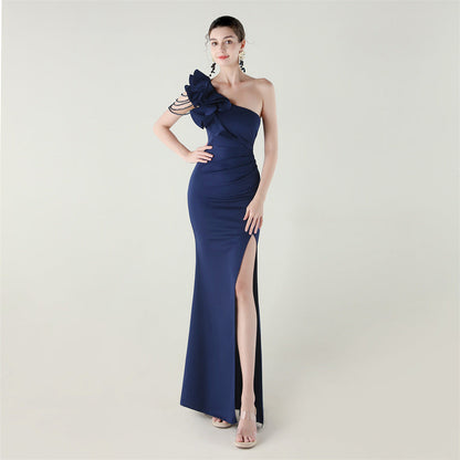 One Shoulder Craft Beading Wave Floral Satin High Slit Sexy Evening Dress Dinner Party Wedding Social by Ragazza