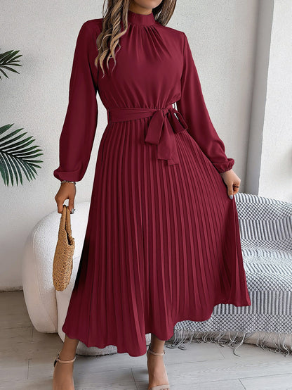Autumn Winter Elegant Stand Collar Long Sleeve Cinched Pleated Maxi Dress Small Dress Women Clothing  DestGlow
